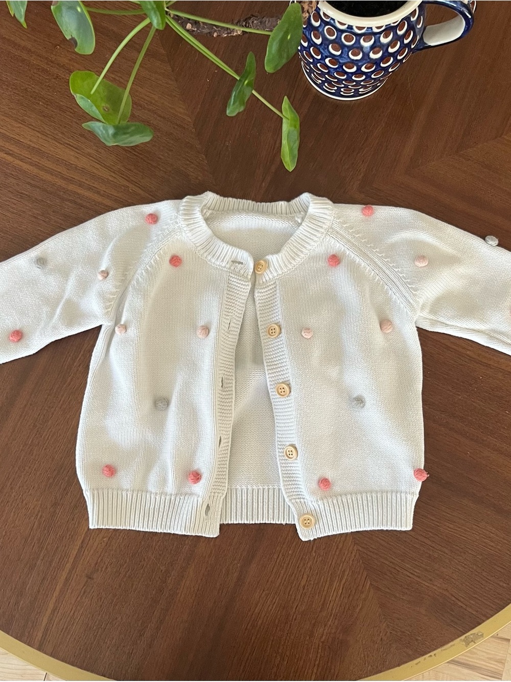 100% Cotton Baby Girls White Knit Cardigan with Pink Pom Poms